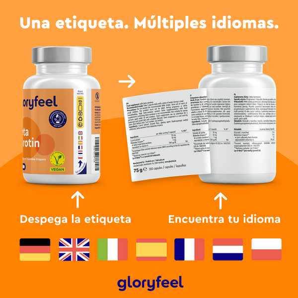 Dos botellas de Beta-Caroteno de Gloryfeel GmbH con etiquetas multilingües que incluyen vitamina A y carotenoides. Una de las etiquetas está parcialmente desprendida, revelando detalles, con varias banderas de países debajo.