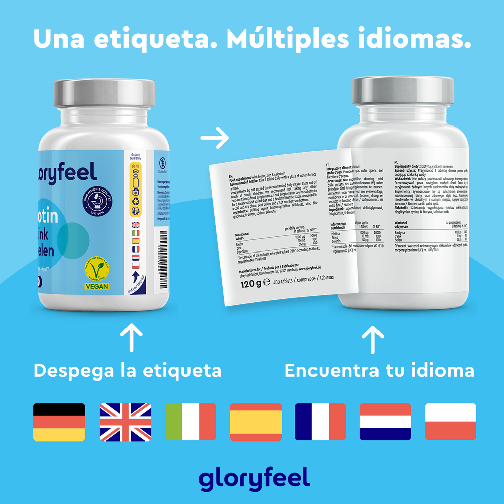 Biotina en tabletas de GloryFeel GmbH España se presenta en dos frascos con etiquetas multilingües que destacan su fácil extracción. Las banderas indican los idiomas de los suplementos alimenticios que favorecen la salud capilar.