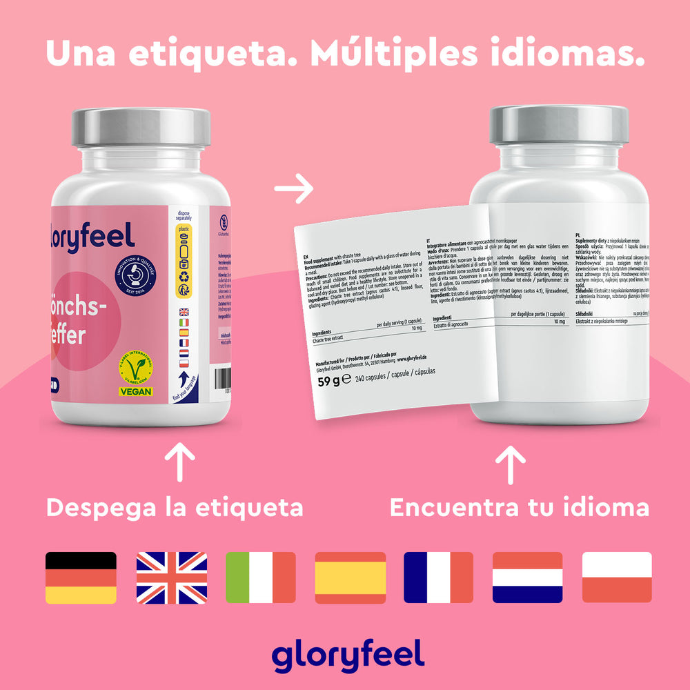 Dos frascos de Sauzgatillo en cápsulas de GloryFeel GmbH España, uno de los cuales tiene una etiqueta despegable que revela instrucciones multilingües en alemán, inglés, italiano, español, francés y holandés para promover el equilibrio hormonal femenino.