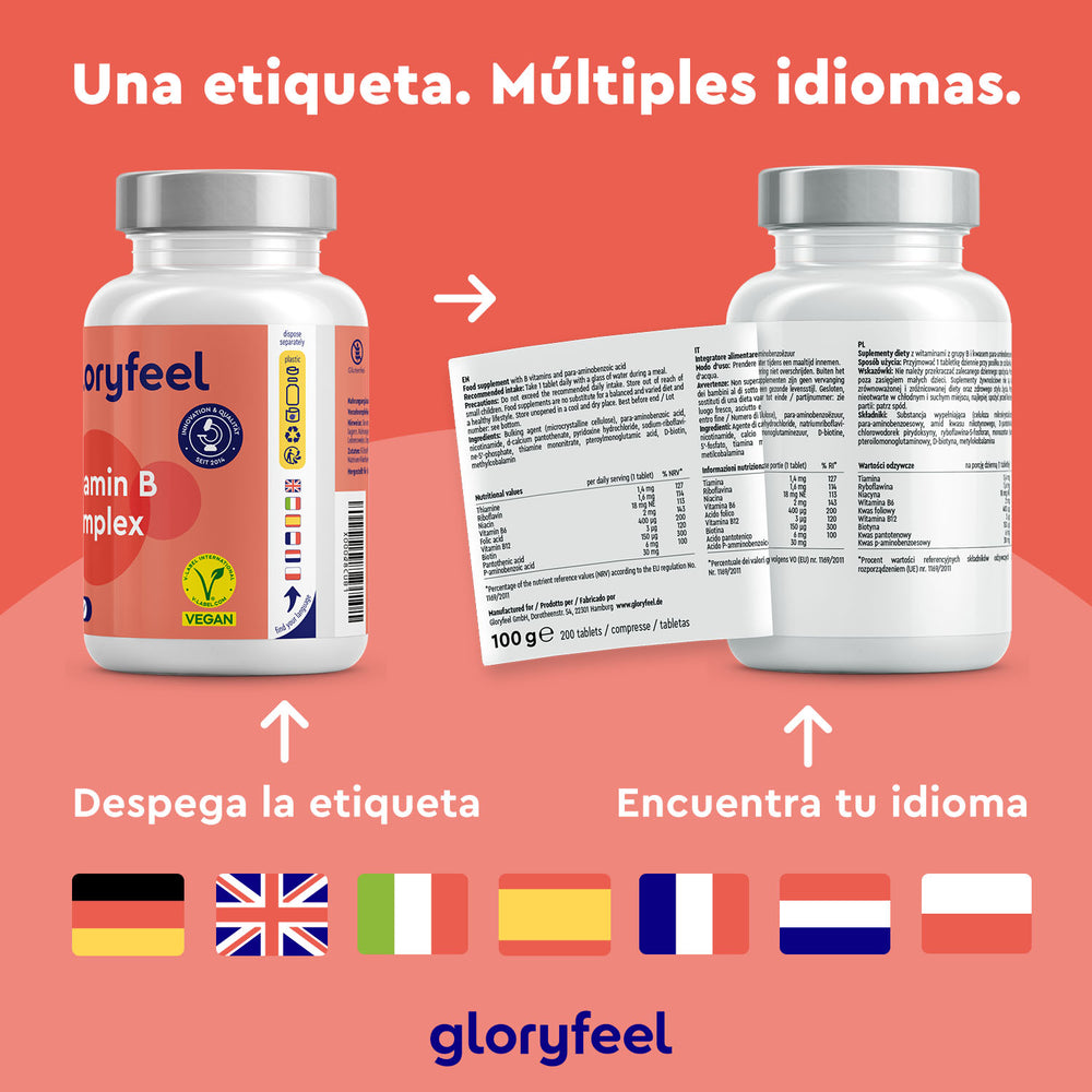 Dos frascos de suplementos con etiquetas extraíbles que ofrecen traducciones multilingües y destacan el &quot;complejo vitamínico&quot;. Las etiquetas muestran indicadores de selección de idioma. El fondo es rojo, promoviendo el bienestar, y presenta el Complejo de Vitamina B - Tabletas de GloryFeel GmbH España.