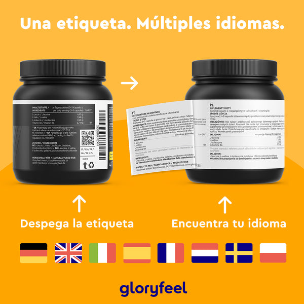 Dos frascos de BCAA en cápsulas de GloryFeel GmbH España presentan etiquetas multilingües, una de las cuales se despega para mostrar traducciones que destacan aminoácidos esenciales como la leucina. Las banderas de los países que aparecen debajo resaltan el atractivo global del producto.