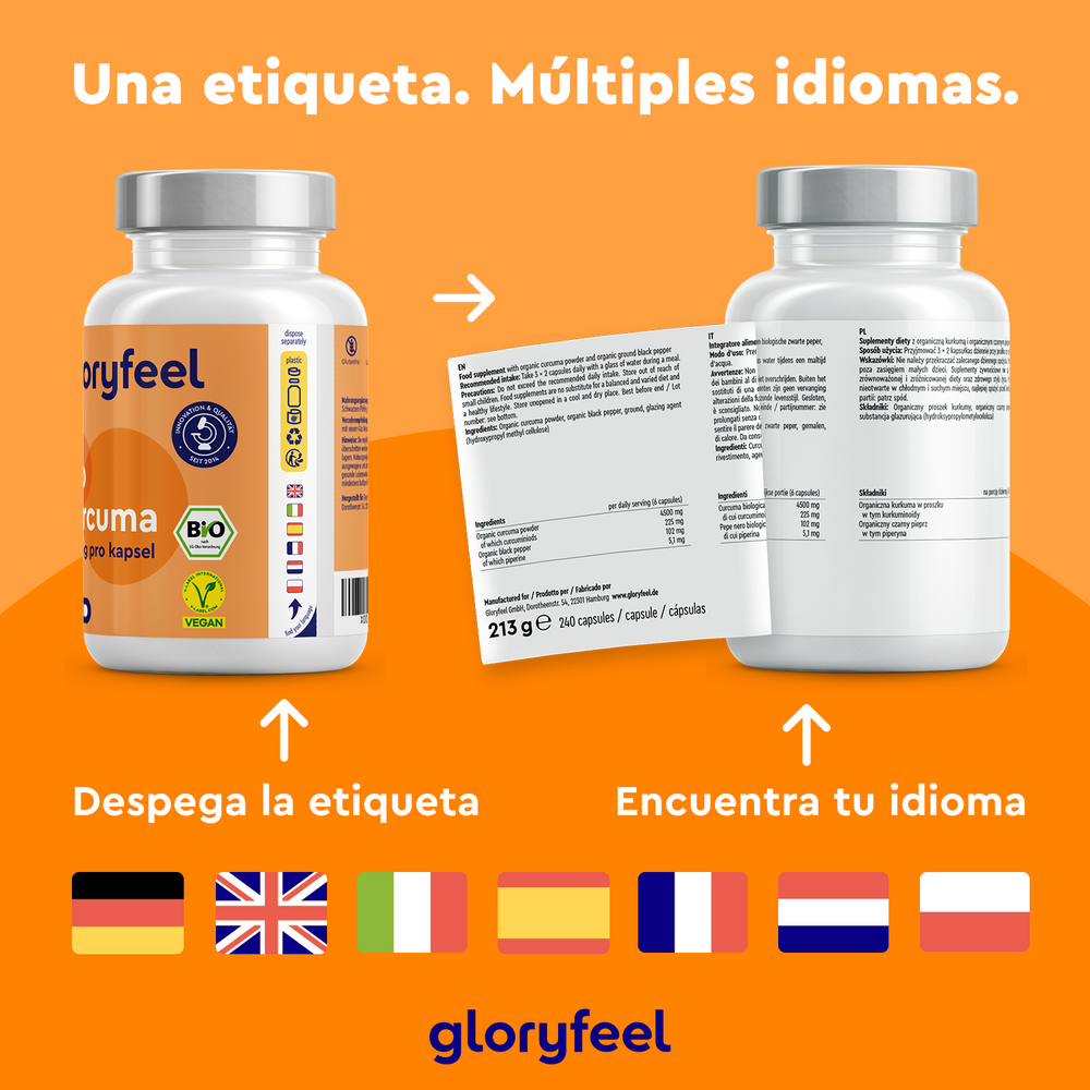 Dos frascos de Cúrcuma Bio en cápsulas de GloryFeel GmbH España sobre fondo naranja con etiquetas multilingües. Texto: &quot;Una etiqueta. Múltiples idiomas&quot;. Las banderas representan varios idiomas. Explora los beneficios de la cúrcuma y sus potentes antioxidantes para un bienestar natural.