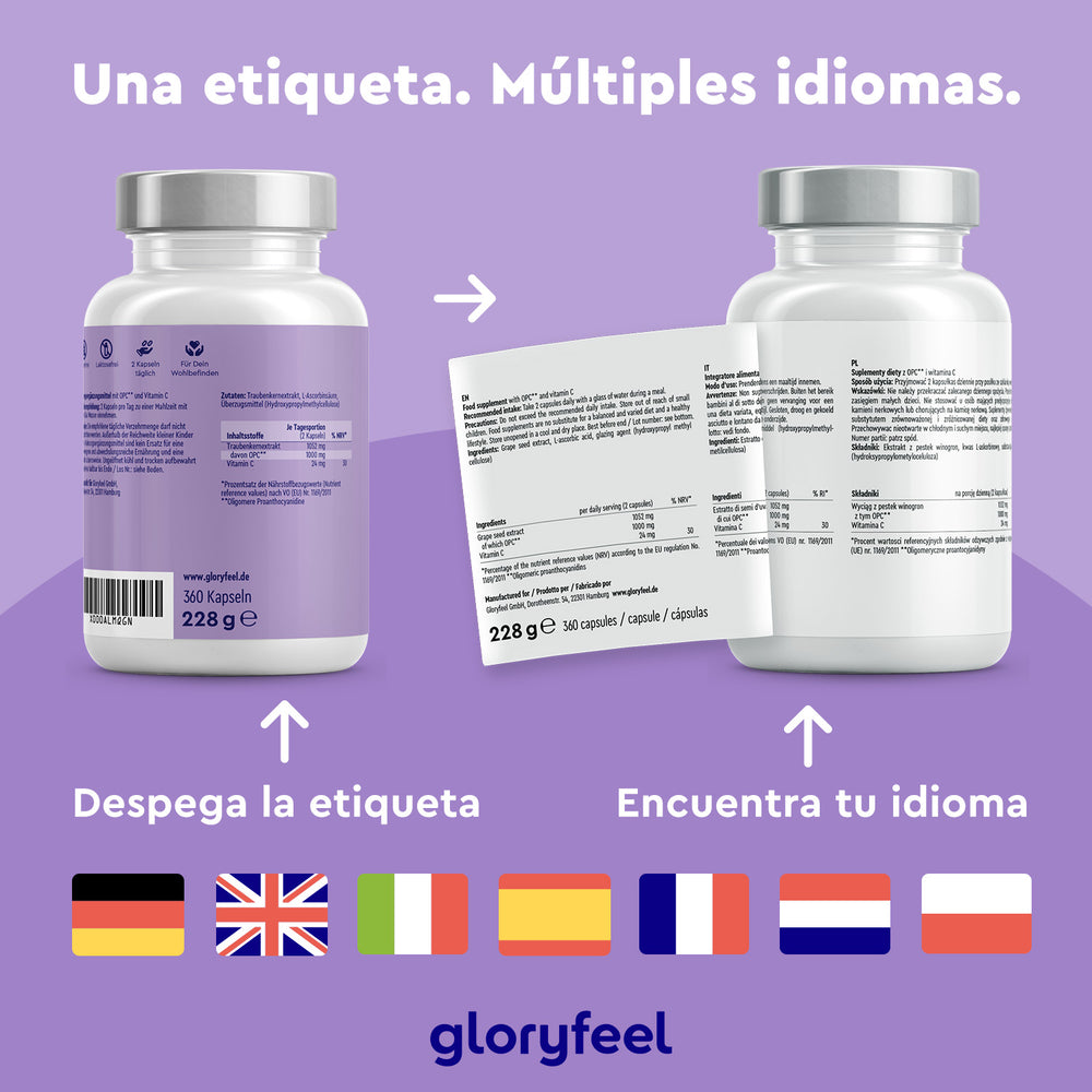 El extracto de semilla de uva OPC 360 cápsulas de Gloryfeel GmbH cuenta con etiquetas multilingües con banderines. Una nota en español le indica que despegue la etiqueta según su idioma. Enriquecidos con extracto de semilla de uva, estos suplementos proporcionan potentes antioxidantes para una salud óptima.