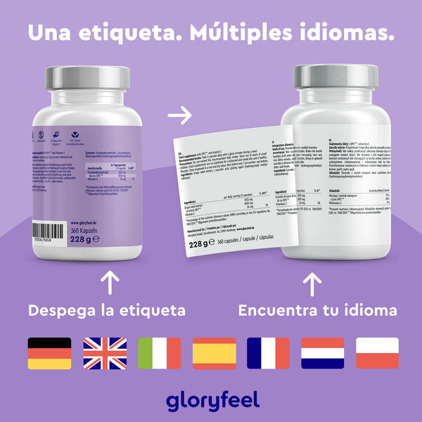 El extracto de semilla de uva OPC 360 cápsulas de Gloryfeel GmbH cuenta con etiquetas multilingües con banderines. Una nota en español le indica que despegue la etiqueta según su idioma. Enriquecidos con extracto de semilla de uva, estos suplementos proporcionan potentes antioxidantes para una salud óptima.