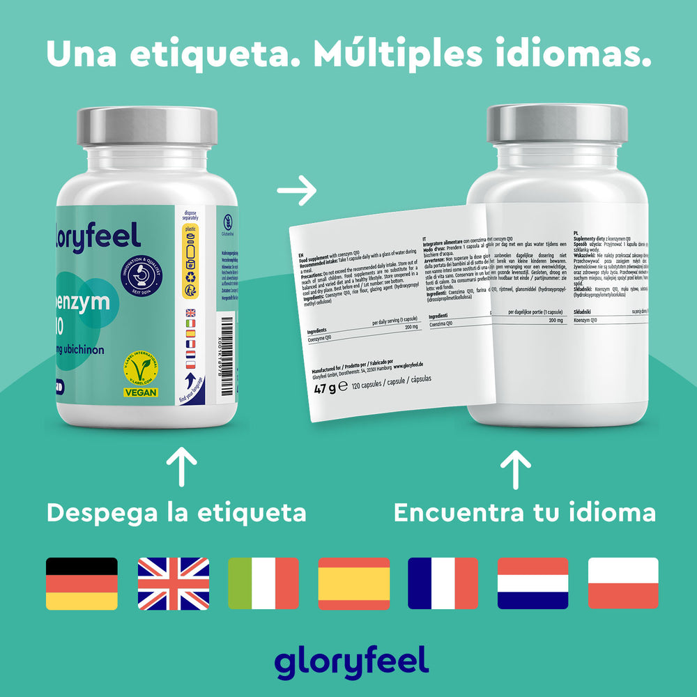 Dos frascos del suplemento GloryFeel con etiquetas multilingües; una de ellas se despega. Las banderas indican los idiomas disponibles. El producto contiene coenzima Q10 en cápsulas veganas, elaborado como complemento alimenticio para quienes buscan el bienestar global.