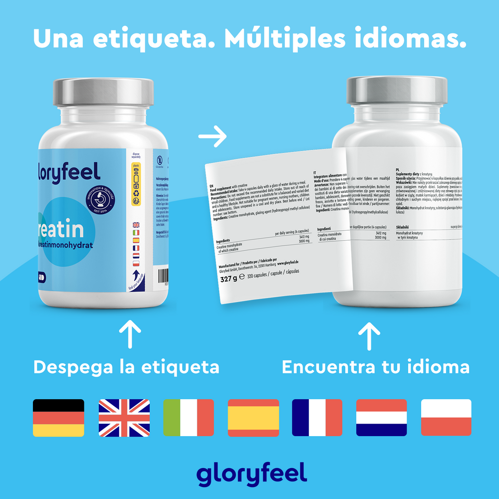 Dos botellas etiquetadas para Creatina (del monohidrato de creatina) de gloryfeel GmbH. Una de las etiquetas se despega para revelar varios idiomas y banderas de Alemania, Reino Unido, España, Italia, Francia, Países Bajos y Polonia. El texto dice: &quot;Una etiqueta. Múltiples idiomas&quot;. Ideal como suplemento deportivo de creatina pura para mejorar el rendimiento.