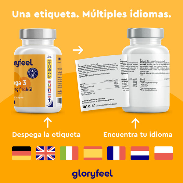 Cápsulas Omega 3 de Gloryfeel GmbH, 2000 mg de aceite de pescado, incluye dos frascos con etiquetas multilingües. Las etiquetas en inglés, alemán, francés, español, italiano, polaco y neerlandés facilitan la selección del idioma. Ayuda a mantener niveles saludables de triglicéridos o a obtener los beneficios del aceite de pescado.