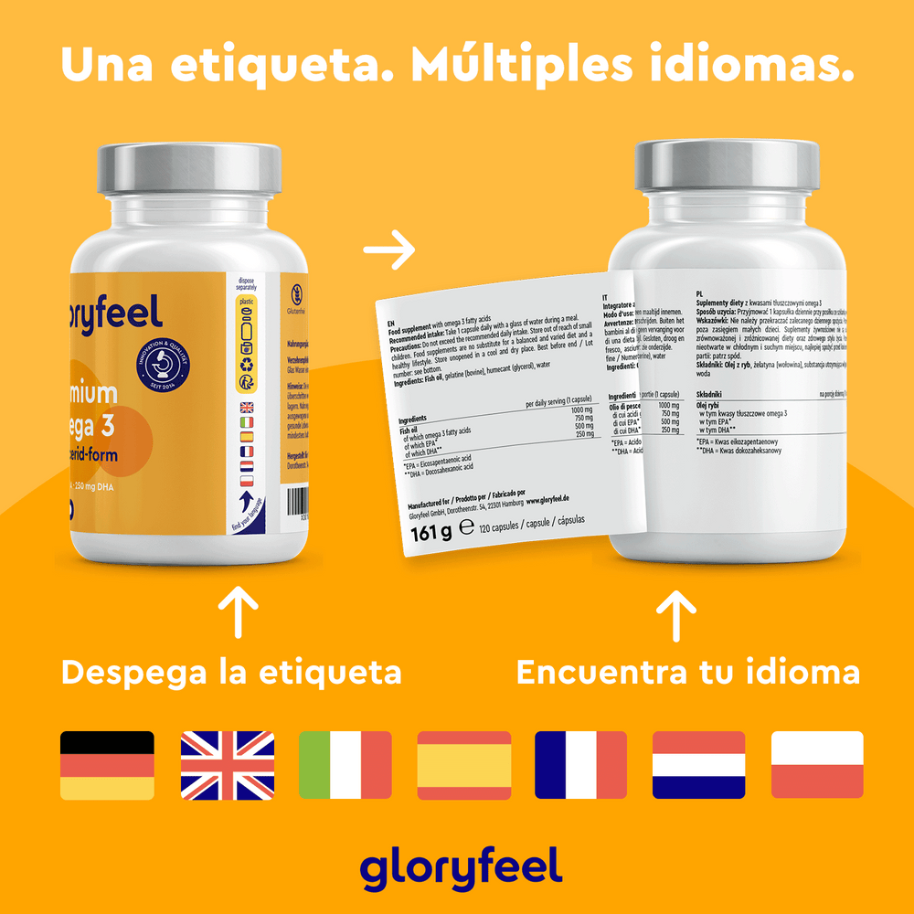Dos botellas de Omega 3 en forma de triglicéridos de GloryFeel GmbH España cuentan con etiquetas despegables con los beneficios del Omega 3. Los iconos indican varios idiomas: alemán, inglés, francés, español, italiano y neerlandés. El texto dice: &quot;Una etiqueta. Múltiples idiomas&quot;.