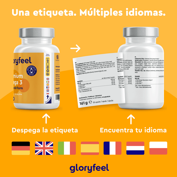 Dos botellas de Omega 3 en forma de triglicéridos de GloryFeel GmbH España cuentan con etiquetas despegables con los beneficios del Omega 3. Los iconos indican varios idiomas: alemán, inglés, francés, español, italiano y neerlandés. El texto dice: &quot;Una etiqueta. Múltiples idiomas&quot;.