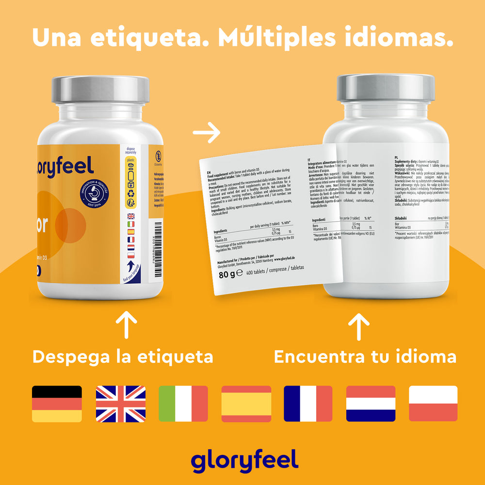 Dos frascos de suplementos con etiquetas despegables traducidas a varios idiomas, con flechas para facilitar su extracción. A continuación, se muestran las banderas y menciones de «Boro con Vitamina D3» de Gloryfeel GmbH para contexto.