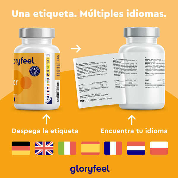 Dos frascos de suplementos con etiquetas despegables traducidas a varios idiomas, con flechas para facilitar su extracción. A continuación, se muestran las banderas y menciones de «Boro con Vitamina D3» de Gloryfeel GmbH para contexto.