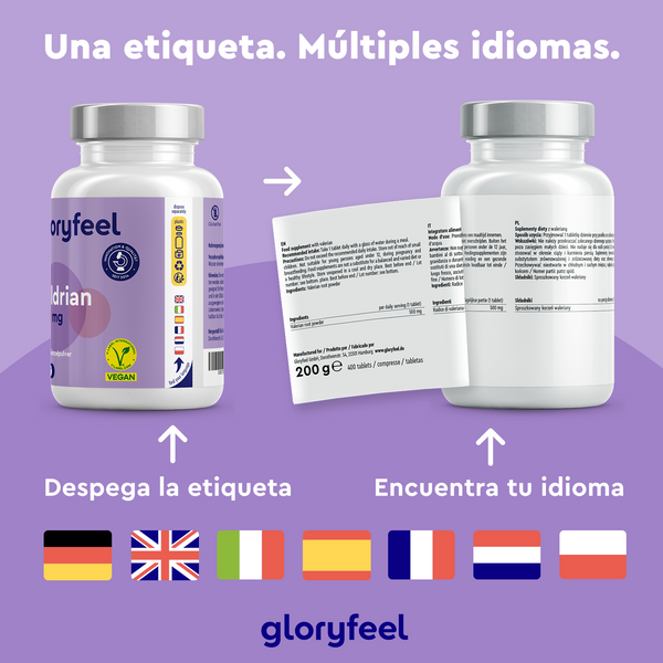 Dos frascos de Valeriana en tabletas de Gloryfeel GmbH presentan etiquetas multilingües; el frasco de la izquierda tiene las etiquetas intactas, mientras que el de la derecha las tiene despegadas, lo que revela su uso como sedante vegetal para el sistema nervioso central. Debajo se muestran las banderas de siete países.