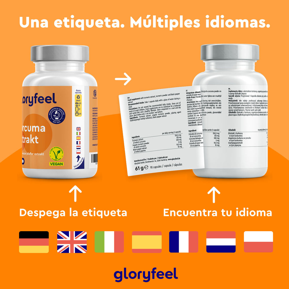 Dos botellas con etiquetas multilingües. El de la izquierda enfatiza la &quot;alta calidad&quot;, mientras que el de la derecha revela información detallada de una etiqueta despegada. Las banderas de idioma sugieren opciones, como &quot;cúrcuma orgánica&quot; y &quot;extracto de pimienta negra&quot;. Producto: Extracto de cúrcuma en cápsulas de GloryFeel GmbH España.