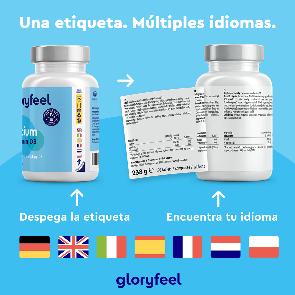 Una botella bilingüe con la etiqueta &quot;Calcio + Vitamina D3&quot; de Gloryfeel GmbH muestra el suplemento alimenticio. La etiqueta despegable muestra instrucciones en varios idiomas con banderas nacionales. Texto: &quot;Calcio y Vitamina D3: Una etiqueta. Múltiples idiomas.