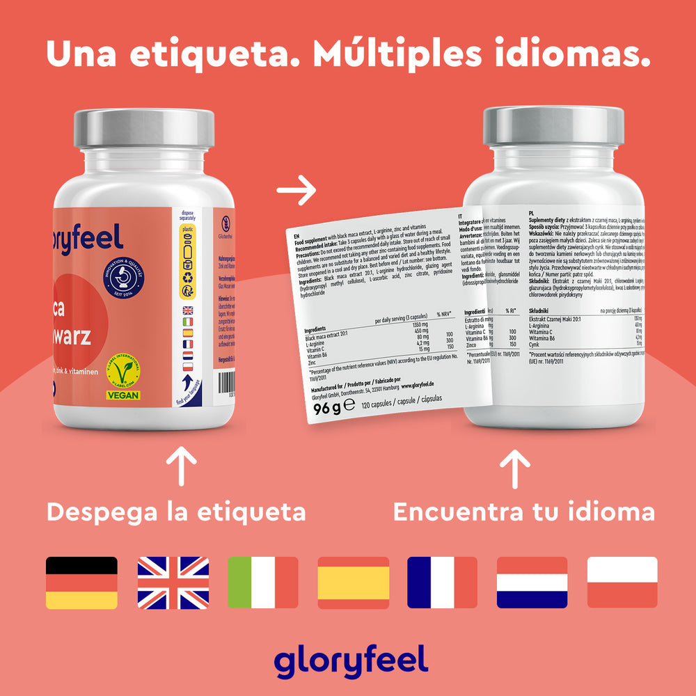 Dos botellas de suplementos de Maca Negra + L-Arginina de GloryFeel GmbH España presentan etiquetas multilingües con ingredientes como la Maca Negra y la L-Arginina. Una etiqueta desprendida muestra traducciones, mientras que debajo se muestran banderas de Alemania, Reino Unido, Francia, Rumanía, Italia, Países Bajos y Polonia.