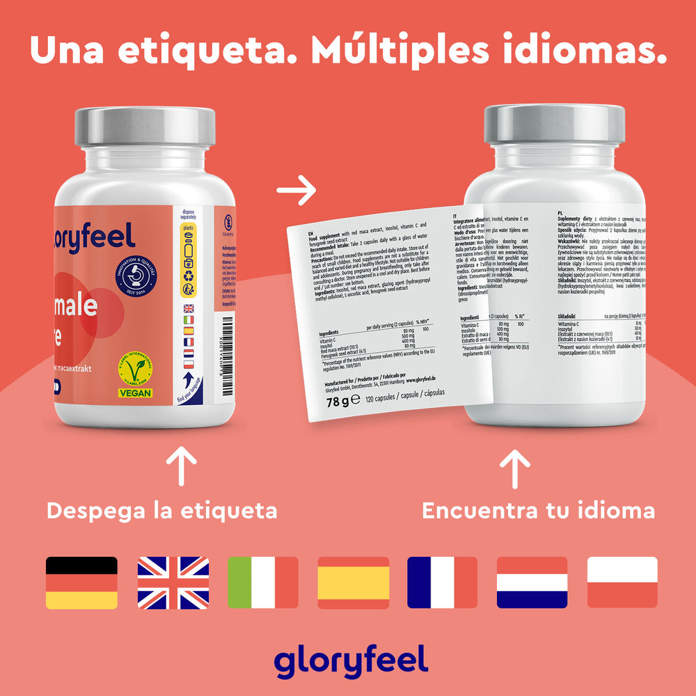 Dos botellas de &quot;Female Fire: con Maca Roja&quot; de GloryFeel GmbH España sobre fondo rojo, una con etiquetas multilingües. El texto dice &quot;Una etiqueta. Múltiples idiomas&quot;. En la base se muestran siete banderas de países.