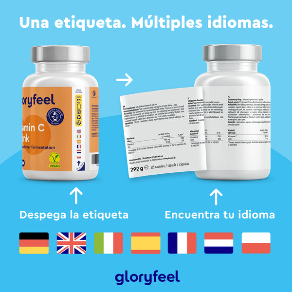 Dos frascos de suplementos de GloryFeel GmbH España incluyen etiquetas en varios idiomas con traducciones despegables, que muestran seis banderas de países en la base. Contienen vitamina C y zinc, esenciales para un sistema inmunitario sano.