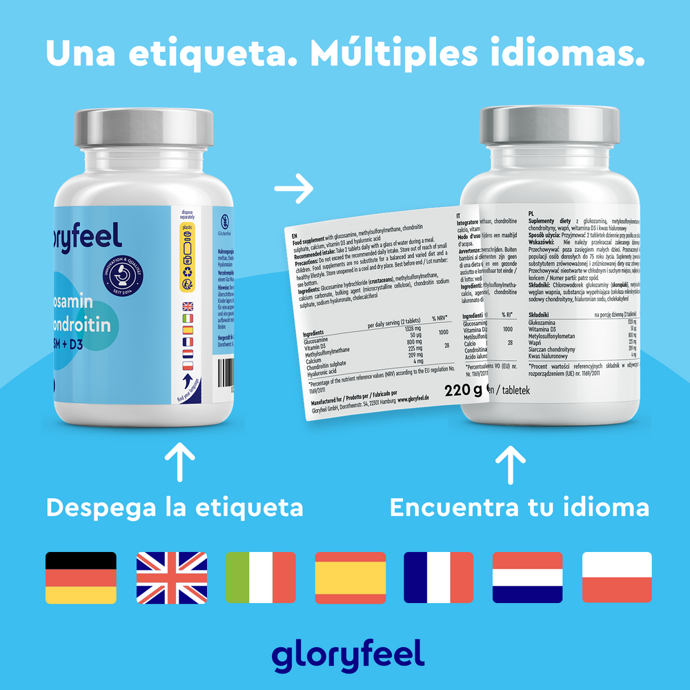 Dos botellas de Glucosamina + Condroitina + MSM + Calcio y D3 de GloryFeel GmbH España con una etiqueta despegable que revela &quot;azufre orgánico&quot; en varios idiomas y banderas de Alemania, Reino Unido, Italia, España, Francia, Países Bajos y Polonia sobre un fondo azul.