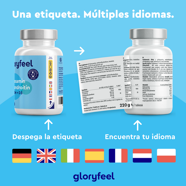 Dos botellas de Glucosamina + Condroitina + MSM + Calcio y D3 de GloryFeel GmbH España con una etiqueta despegable que revela &quot;azufre orgánico&quot; en varios idiomas y banderas de Alemania, Reino Unido, Italia, España, Francia, Países Bajos y Polonia sobre un fondo azul.