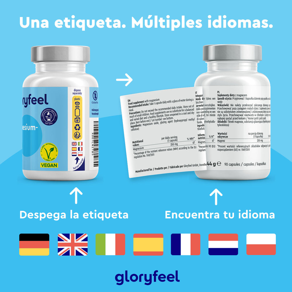 Dos frascos de suplementos, &quot;Magnesio 90 Cápsulas Veganas&quot; de Gloryfeel GmbH, cuentan con etiquetas multilingües desprendibles en alemán, inglés, español, francés, italiano, neerlandés y polaco. Destacan ingredientes que satisfacen las diversas necesidades de los consumidores.