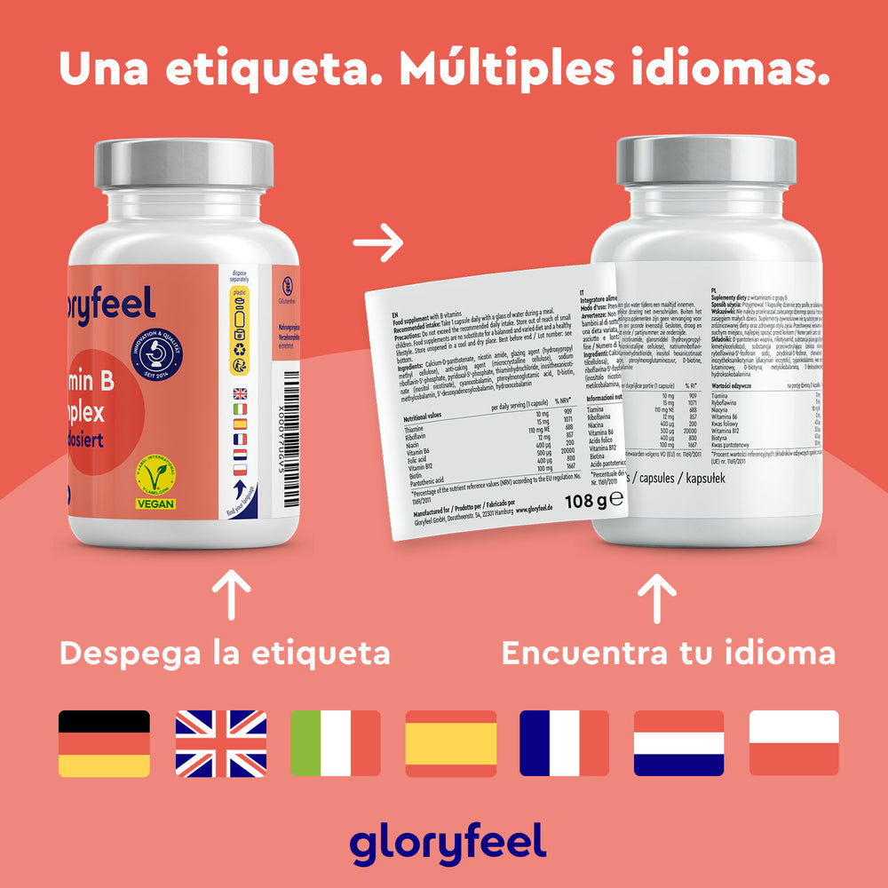 Dos frascos de Vitamina B Complex Forte de GloryFeel GmbH España, con etiquetas despegables en varios idiomas para apoyar el metabolismo y los antioxidantes. Las etiquetas incluyen banderas de Alemania, Francia, España, Italia, Países Bajos y Polonia.