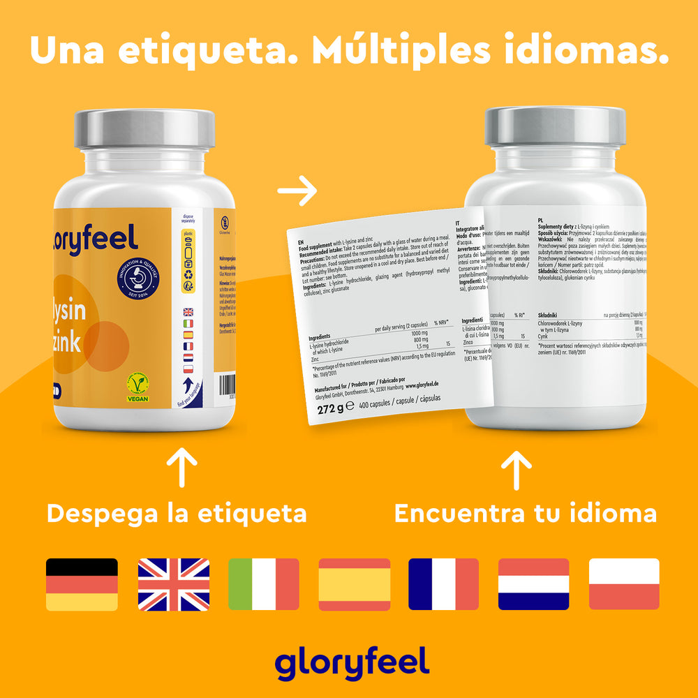 Dos frascos del suplemento de L-lisina con zinc de Gloryfeel GmbH cuentan con etiquetas despegables multilingües, incluyendo inglés, español y alemán. El envase cuenta con certificaciones veganas y de calidad. Contiene zinc para favorecer naturalmente la salud del sistema inmunitario.
