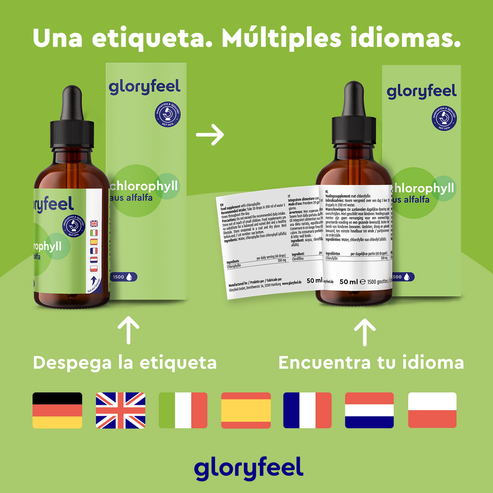 La botella de Clorofila Gotas de GloryFeel GmbH España tiene una etiqueta pelable con instrucciones en varios idiomas y banderas de países vibrantes.