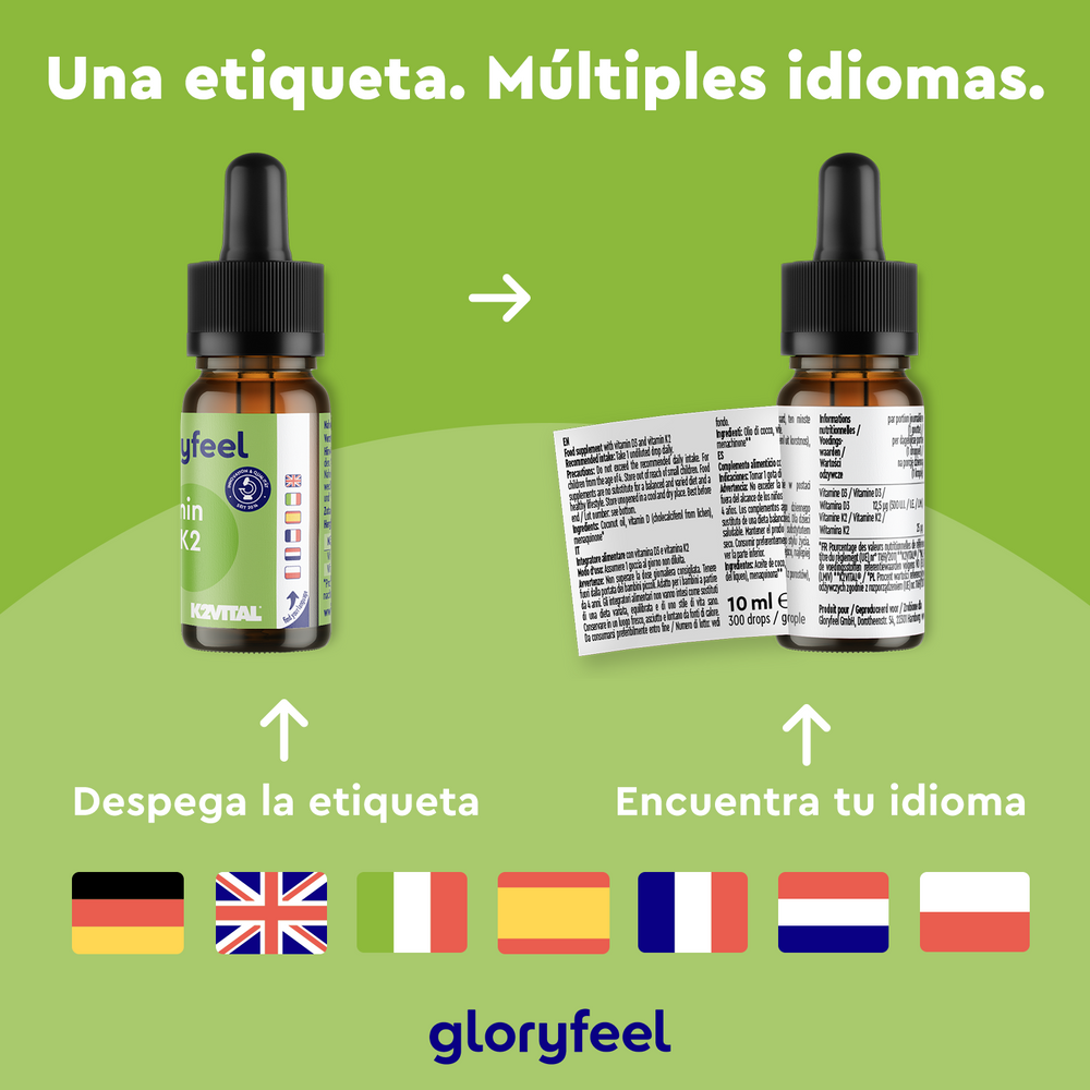 Dos frascos con tapón cuentagotas, etiquetados como &quot;Vitamina D3 + K2 para Niños en Gotas&quot; de Gloryfeel GmbH, aparecen sobre un fondo verde. La etiqueta derecha está desprendida y muestra texto multilingüe. Las banderas de países debajo simbolizan el atractivo internacional de estas gotas de suplemento para niños.