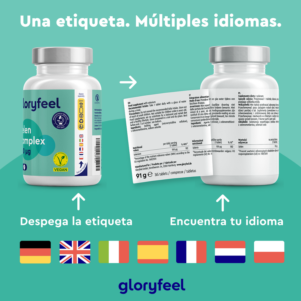 Dos frascos de Selenio 100 mcg - 365 Tabletas de GloryFeel GmbH España tienen etiquetas multilingües que contienen selenio, un oligoelemento esencial. Una etiqueta se despega para mostrar inglés, francés y alemán, entre otros idiomas, identificados con seis banderas debajo que indican los idiomas.