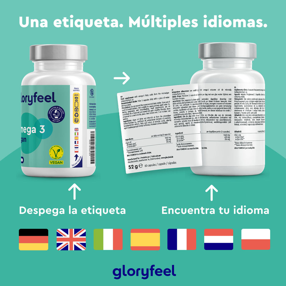 Dos botellas de Omega 3 Vegano en cápsulas de GloryFeel GmbH (España) cuentan con etiquetas multilingües despegables con indicadores de los idiomas disponibles. El texto dice: &quot;Una etiqueta. Múltiples idiomas&quot;. Ideal para los amantes del Omega 3 de todo el mundo que buscan los beneficios del DHA y el EPA.