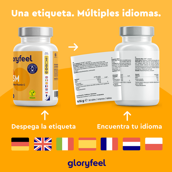 Dos frascos de MSM en tabletas de GloryFeel, cada uno con etiquetas despegables. Uno presenta detalles multilingües de colágeno y banderas de seis países en la base, sobre un fondo naranja con texto.