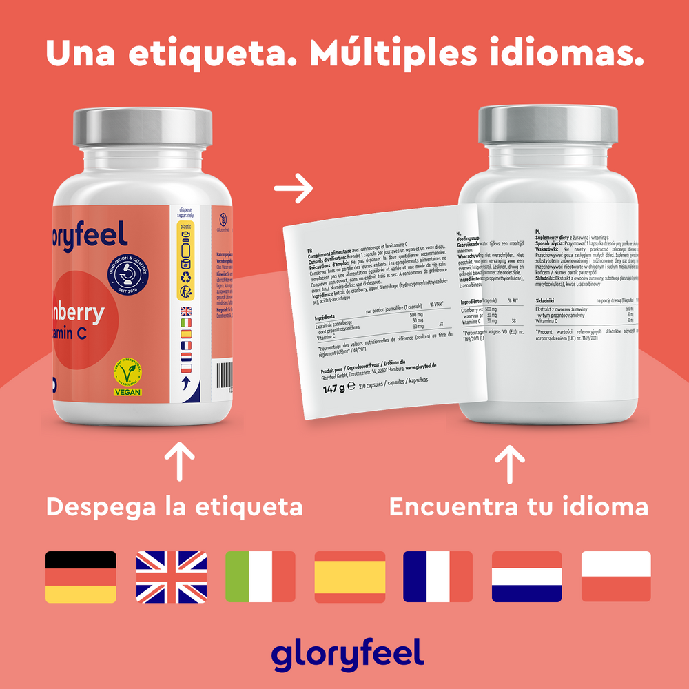 Dos frascos con etiquetas despegables en varios idiomas para quienes buscan remedios a nivel internacional. Las banderas del Reino Unido, Alemania, Francia, España, Italia, Países Bajos y Polonia muestran las opciones de idioma. Arándano Rojo + Vitamina C de Gloryfeel GmbH favorece el sistema inmunitario y la salud urinaria.