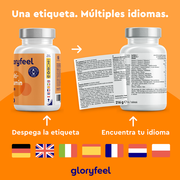 Dos frascos de Multivitaminas veganas en tabletas de GloryFeel GmbH España incluyen etiquetas con instrucciones multilingües. Las banderas en la parte inferior indican los idiomas alemán, británico, francés, español, italiano, polaco y neerlandés. Proporcionan nutrientes esenciales de fuentes globales de confianza.