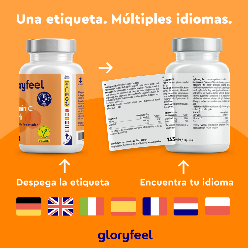 Dos frascos de &quot;Vitamina C y Zinc - 180 cápsulas&quot; de gloryfeel GmbH cuentan con etiquetas multilingües, que incluyen &quot;citrato de zinc&quot;. Uno de ellos tiene una etiqueta despegable. Diversas banderas representan idiomas, lo que resalta la inclusión de estas cápsulas veganas.