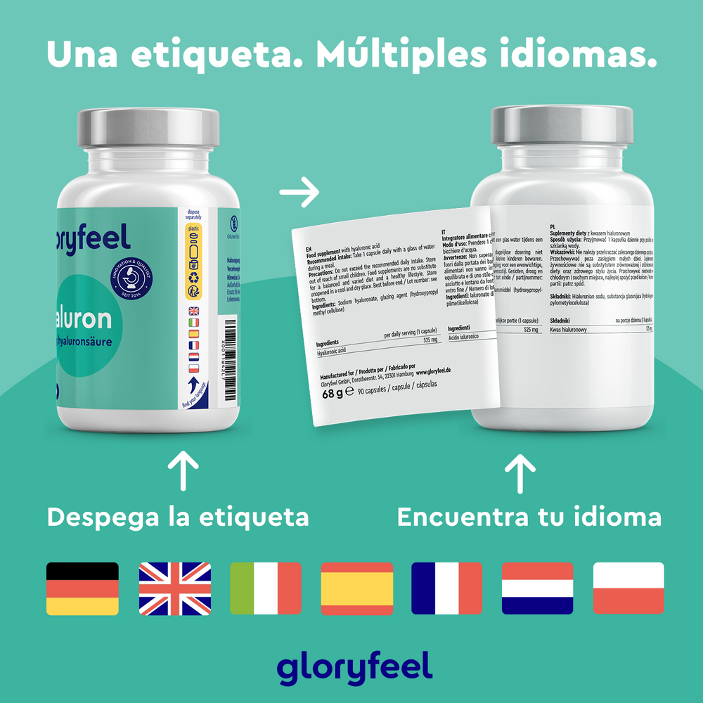Dos botellas de Ácido hialurónico Intensivo en cápsulas de GloryFeel GmbH de España contienen información multilingüe sobre los beneficios del ácido hialurónico. Se muestran banderas de Alemania, Reino Unido, España, Francia, Italia y Países Bajos. El texto dice: &quot;Una etiqueta. Múltiples idiomas.