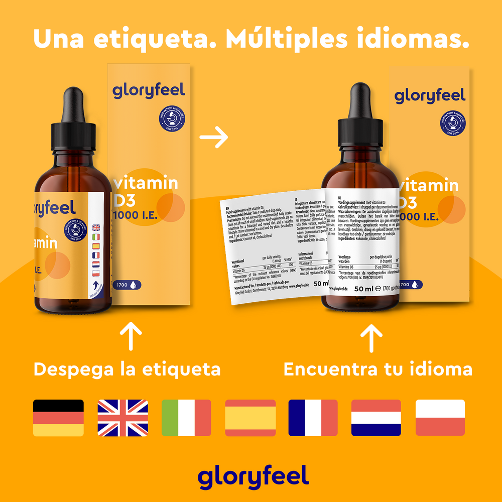 La vitamina D3 en gotas de 1000 UI de Gloryfeel GmbH refuerza el sistema inmunitario y promueve la salud ósea. Incluye una etiqueta multilingüe despegable con indicadores en español, inglés y francés.
