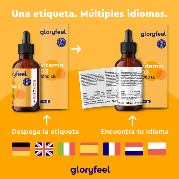 La vitamina D3 en gotas de 1000 UI de Gloryfeel GmbH refuerza el sistema inmunitario y promueve la salud ósea. Incluye una etiqueta multilingüe despegable con indicadores en español, inglés y francés.