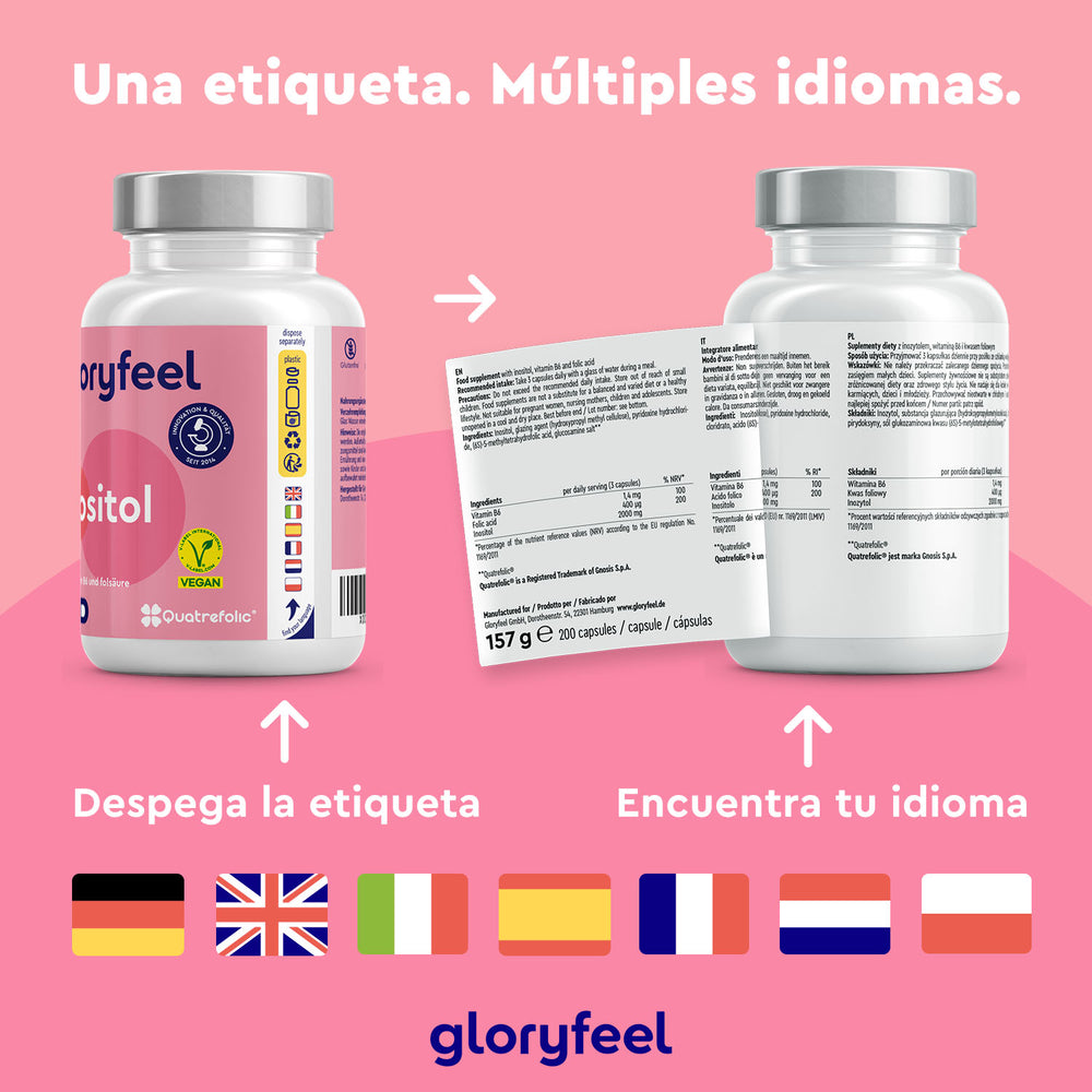 Dos frascos de suplementos de inositol de Gloryfeel GmbH cuentan con etiquetas multilingües que incluyen información sobre la vitamina B6. Una etiqueta se despliega para obtener más detalles, con varias banderas que indican los idiomas disponibles.