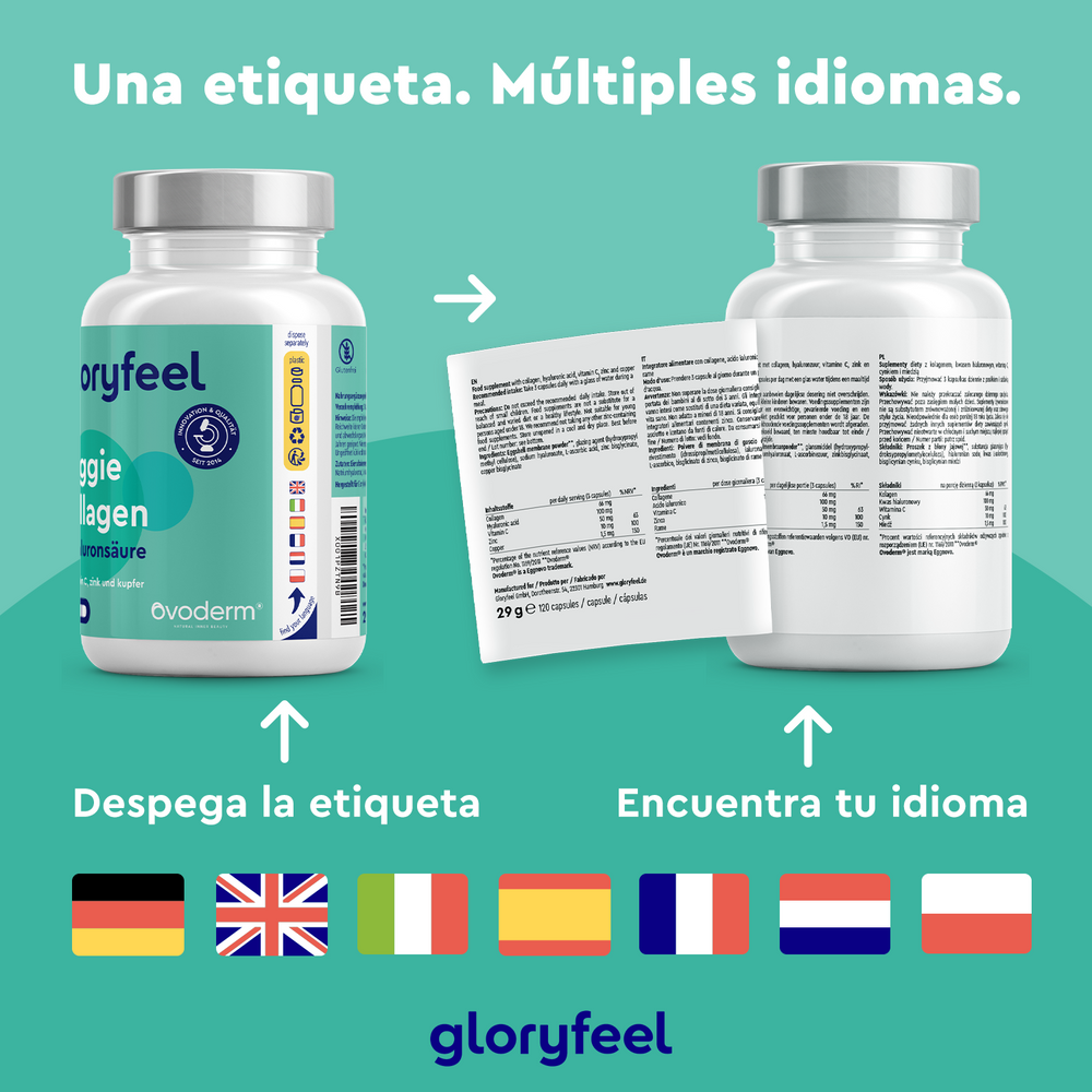 Dos botellas de Colágeno vegetariano de gloryfeel GmbH incluyen etiquetas multilingües con banderas europeas para la selección de idioma. Incluye guías de texto en español sobre la selección de idioma, destacando los ingredientes de alta calidad, incluido el colágeno vegetariano.
