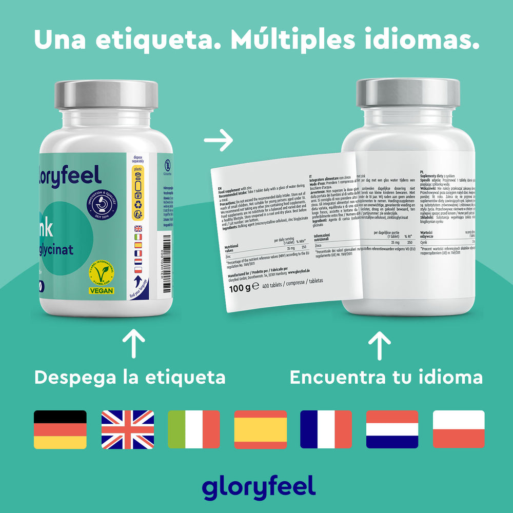 Dos botellas de Bisglicinato de zinc en tabletas de GloryFeel GmbH tienen etiquetas despegables con banderas de Alemania, Reino Unido, Italia, España, Francia, Países Bajos y Polonia para indicar múltiples opciones de idiomas para estos suplementos alimenticios.