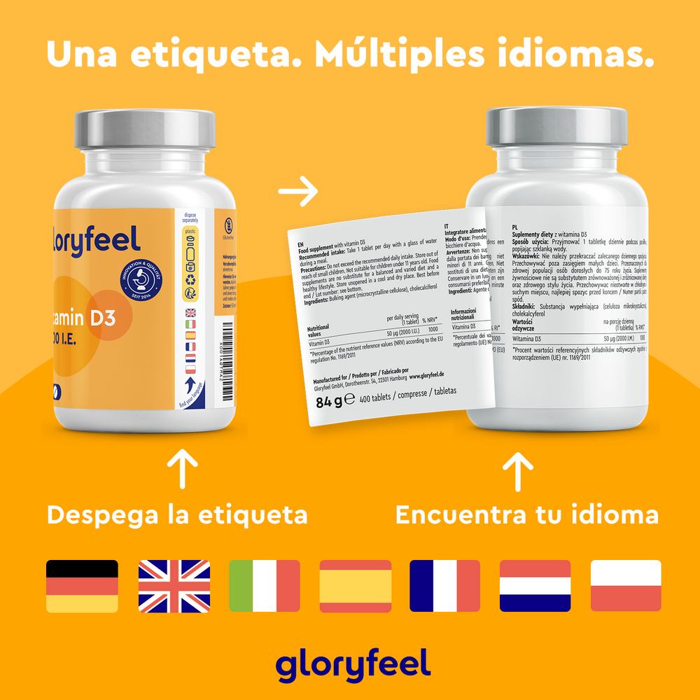 Dos frascos de GloryFeel GmbH España Vitamina D3 2000 UI - 400 Comprimidos presentan etiquetas multilingües, que promueven huesos y dientes sanos y un sistema inmunológico más fuerte. Una etiqueta parcialmente desprendida revela varios idiomas y banderas, lo que resalta su atractivo global.