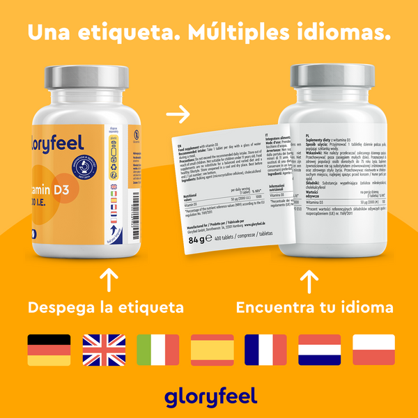 Dos frascos de GloryFeel GmbH España Vitamina D3 2000 UI - 400 Comprimidos presentan etiquetas multilingües, que promueven huesos y dientes sanos y un sistema inmunológico más fuerte. Una etiqueta parcialmente desprendida revela varios idiomas y banderas, lo que resalta su atractivo global.