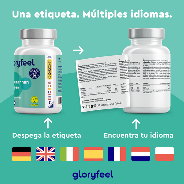 Dos botellas de Glucomanano - Raíz de Konjac de Gloryfeel GmbH cuentan con etiquetas despegables multilingües. Las banderas en la parte inferior indican los idiomas disponibles para las instrucciones.