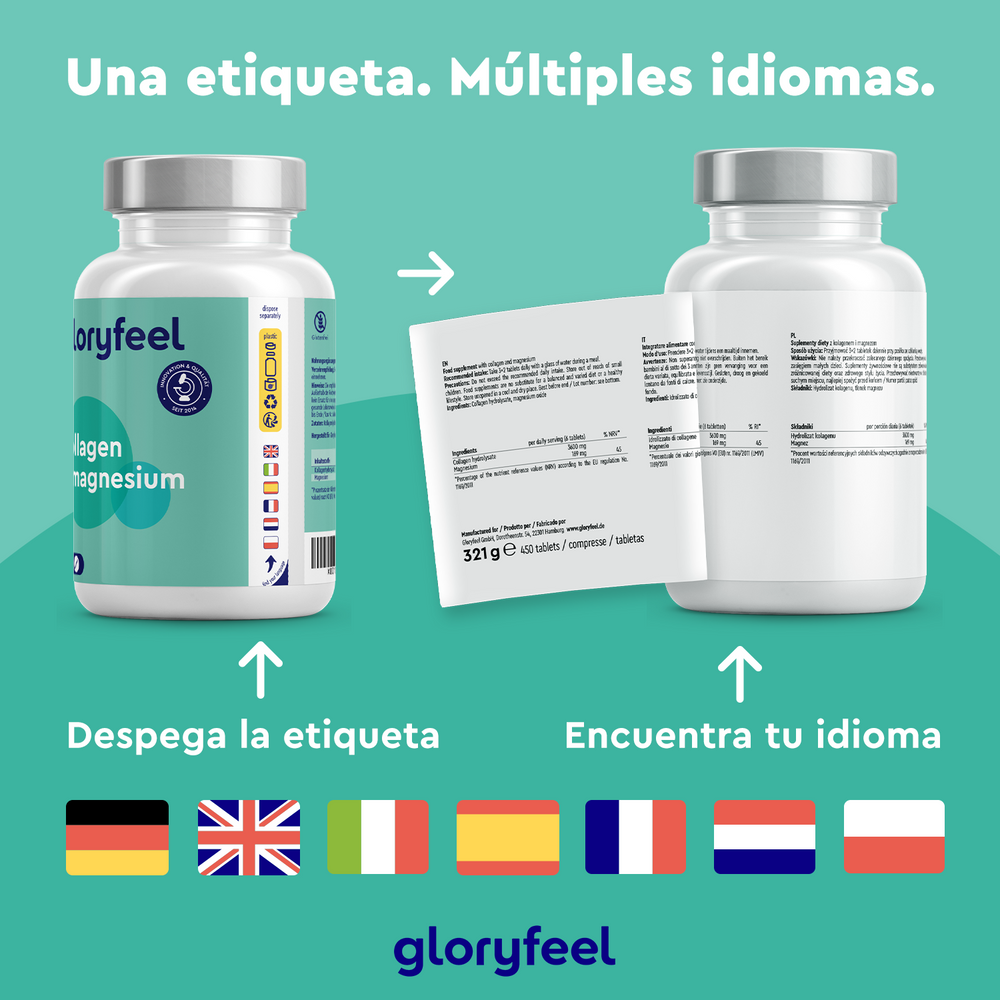 El Colágeno con magnesio - 450 Tabletas de GloryFeel GmbH España se presenta en dos frascos con etiquetas multilingües despegables en inglés, alemán, francés, español, italiano, polaco y neerlandés. Esta mezcla de colágeno hidrolizado promueve la salud de diversas maneras.