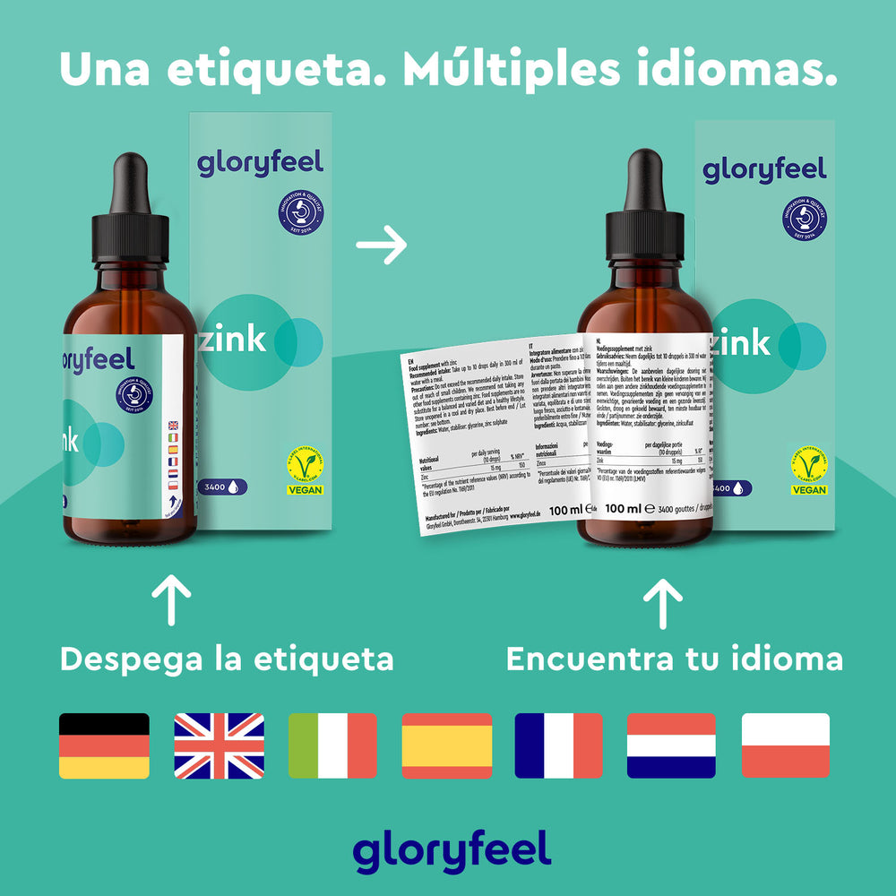 El Zinc en gotas de GloryFeel GmbH España se entrega en una caja multilingüe. Abra la etiqueta para ver las instrucciones en alemán, inglés, español, italiano, francés, neerlandés, polaco, portugués y ruso. Ideal para quienes buscan apoyo para el metabolismo proteico en todo el mundo.