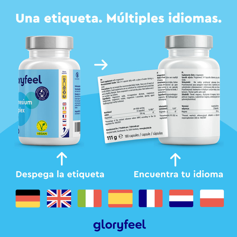 Dos frascos de Complejo de Magnesio de Gloryfeel GmbH cuentan con etiquetas y banderas multilingües que indican las opciones de idioma. Texto: &quot;Una etiqueta. Múltiples idiomas&quot;. Incluye magnesio para una rápida absorción y favorece el sistema nervioso.