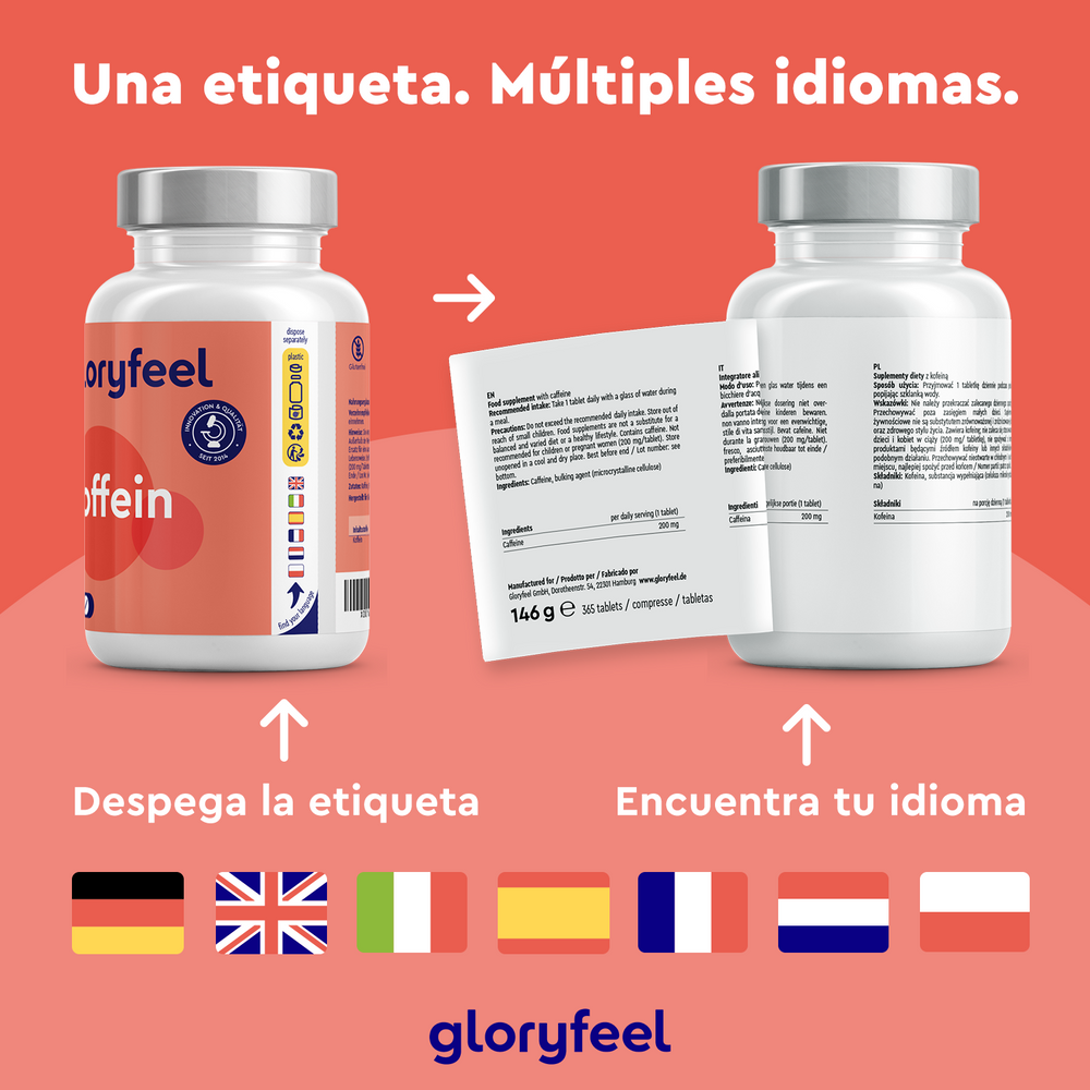 Gloryfeel GmbH ofrece Cafeína - 365 Tabletas con etiquetas despegables, que aportan 200 mg de cafeína para obtener energía diaria. Las etiquetas multilingües están disponibles en varios idiomas y el texto en español explica las etiquetas.