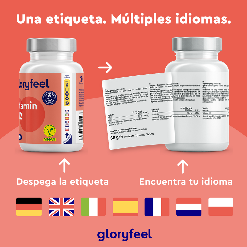 Dos botellas con etiquetas multilingües, una desprendible para mostrar las traducciones junto con las banderas. Texto: &quot;Una etiqueta. Múltiples idiomas&quot;. Ideal para vegetarianos y veganos que necesitan vitamina B12 (metilcobalamina) de GloryFeel GmbH España.