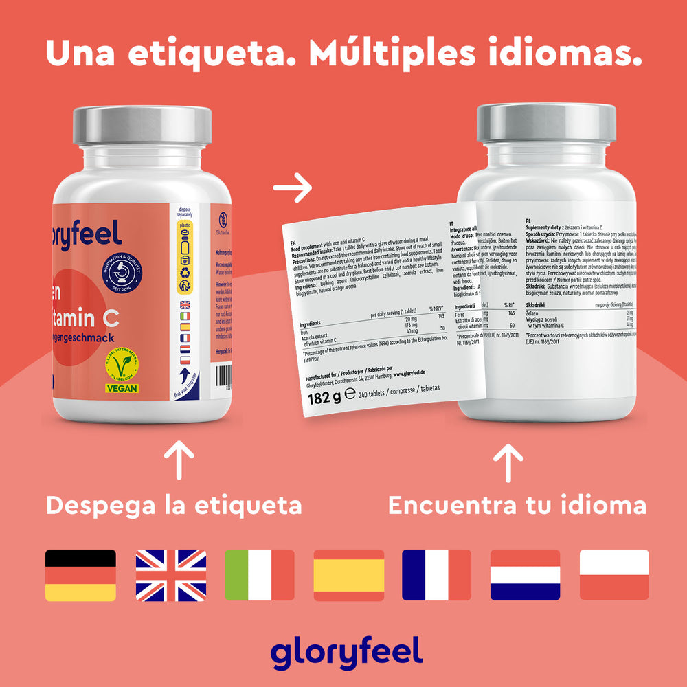 Dos botellas con etiquetas despegables con instrucciones multilingües, perfectas para Hierro + Vitamina C natural de GloryFeel GmbH España. Banderas de Alemania, Reino Unido, España, Italia, Francia y Países Bajos debajo. Texto: &quot;Una etiqueta. Múltiples idiomas&quot;.