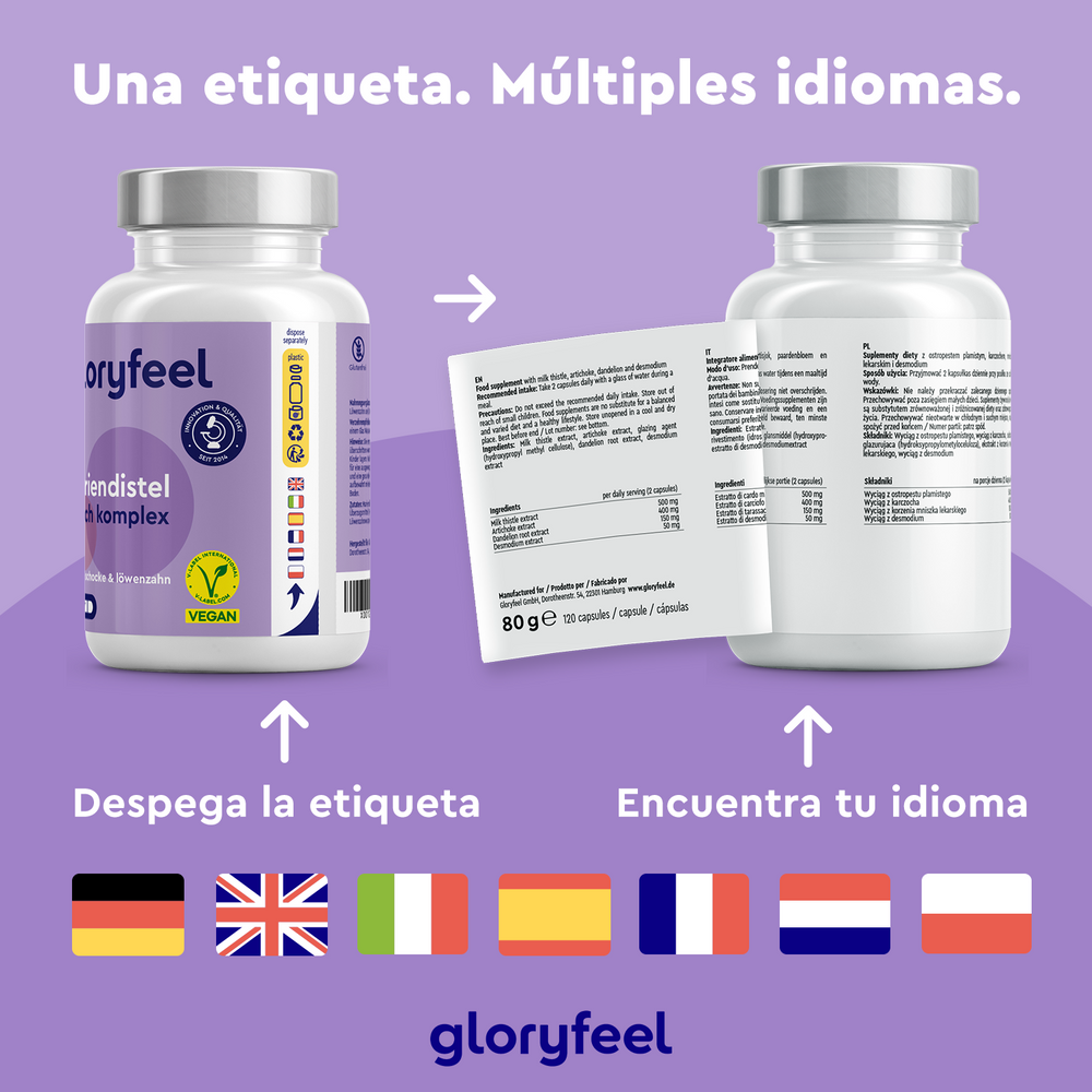 Dos frascos de Cardo Mariano en cápsulas de GloryFeel GmbH España presentan etiquetas multilingües con banderas de Alemania, Reino Unido, Francia, España, Italia y Países Bajos. Las etiquetas indican &quot;Despegue la etiqueta&quot; y &quot;Encuentre su idioma&quot;, indicando los beneficios de la silimarina para las funciones hepáticas.